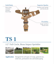 Load image into Gallery viewer, DripRack Brass Sprinkler Nozzle 1/2" full circle TS1 30 Deg Trajectory